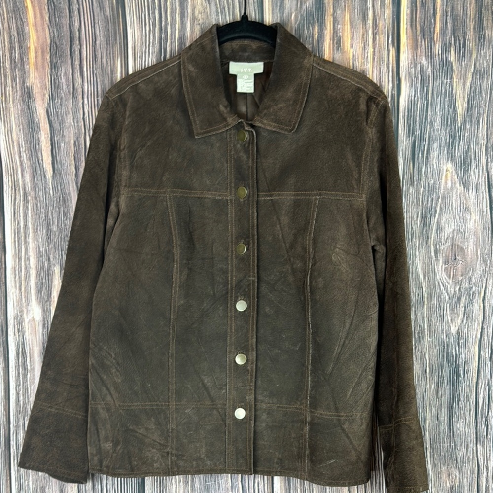Brown Leather Jacket with Textured Fabric and Casual Style